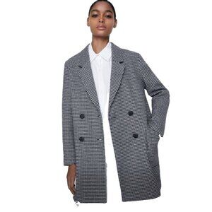 ZARA Houndstooth Tweed Frayed Jacket Blazer Coat - Size S - Black & White Check